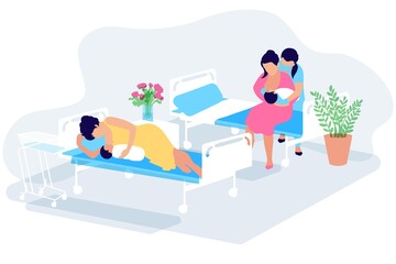 Two woman with newborn babies in a hospital postpartum ward staying with an infant. First days after childbirth, breastfeeding support. Lying and sitting breastfeeding positions. Hospital Ward vector