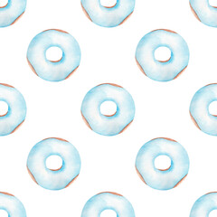 Blue donuts watercolor clipart digital paper. Hand painted seamless pattern.