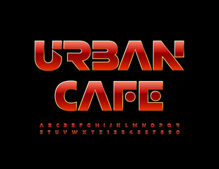 Vector trendy sign Urban Cafe. Red and Gold Alphabet Letters and Numbers. Creative modern Font