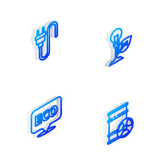 Set Isometric line Light bulb with leaf, Electric plug, Label for eco healthy food and Radioactive waste in barrel icon. Vector