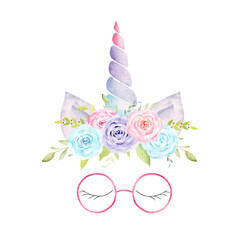Watercolor unicorn head with flowers, ears, corn, glasses, lashes. Hand painted fantasy clipart.