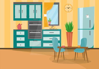 Cozy home kitchen interior with furniture, kitchen cupboards, flowers and fridge. Table with chairs. Flat style illustration 