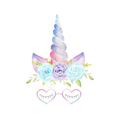 Unicorn head with corn, ears, flowers, lashes, glasses watercolor clipart. Hand drawn illustration.