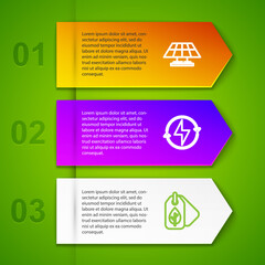 Set line Solar energy panel, Lightning bolt, Tag with leaf and House and lightning. Business infographic template. Vector
