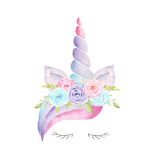 Watercolor fantasy unicorn head. Hand painted clipart.