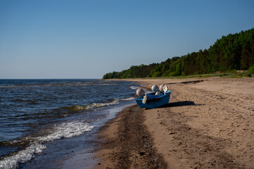 Obraz premium Baltic Sea beach with clear skies and green trees on the shore, but a small fishing boat stands by the water's edge
