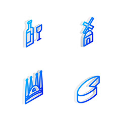 Set Isometric line Windmill, Wine bottle with glass, Sagrada Familia and Cheese icon. Vector