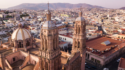 Sunrise aerial view of the historic colonial center of Zacatecas City, Zacatecas, Mexico.