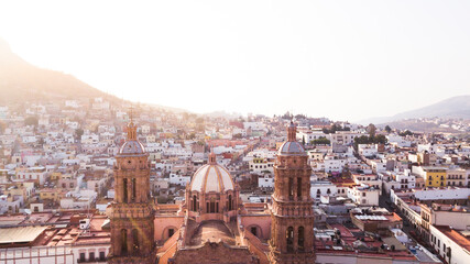 Sunrise aerial view of the historic colonial center of Zacatecas City, Zacatecas, Mexico.
