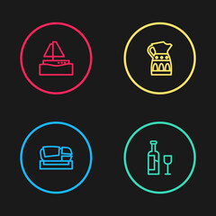 Set line Stadium Mestalla, Wine bottle with glass, Sangria pitcher and Yacht sailboat icon. Vector