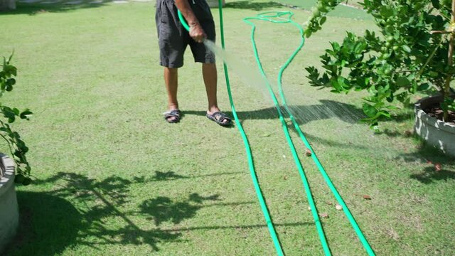 slow motion of senior worker using hose pip to irrigate green lawn in home yard