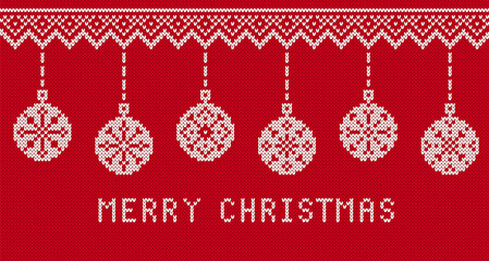 Christmas knit pattern. Red seamless border with balls. Knitted texture. Xmas ugly background. Holiday festive ornament. Fair isle traditional print. Vector illustration.