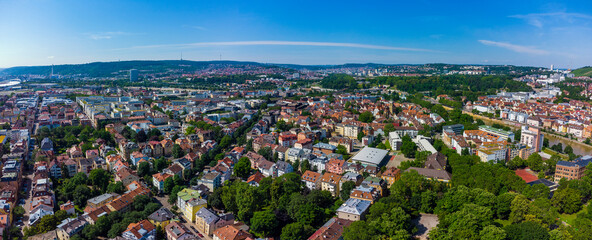  Aerial view of the city Stuttgart, Bad Cannstatt and the old town on a sunny day in Spring  - obrazy, fototapety, plakaty