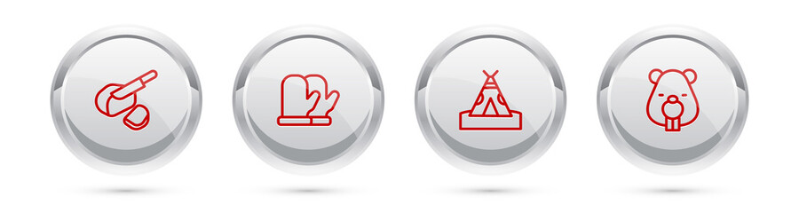 Set line Peameal bacon, Christmas mitten, Indian teepee or wigwam and Beaver animal. Silver circle button. Vector © vector_v