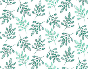 Seamless watercolor mint green leaves pattern.hand drawn, wallpaper, natural, floral, illustration,botanical