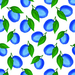 Blue plum fluit kitchen tablecloth textile print vector seamless pattern in watercolor style. Berry fruit blue plum seamless pattern kitchen tablecloth fabric print design. Organic nutrition