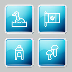 Set line Flying duck, Flag of Canada, Winter hat and Mushroom icon. Vector