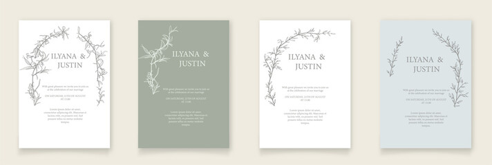 Modern Wedding invitation card template with brunches in line. Minimalism style.