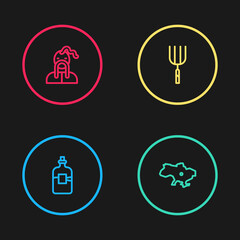 Set line Bottle of vodka, Map Ukraine, Garden pitchfork and Ukrainian cossack icon. Vector