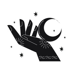 Black and white vector illustration of a hand holding moon. Logo or print concept for beaty, fashion or yoga industry. Esoteric illustration