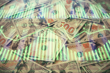 Obraz premium Double exposure of data theme drawing over us dollars bill background. Technology concept.