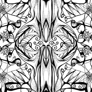 abstract graphic seamless texture  spiders, t shirt design in black and white colors