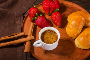 Fresh pies, strawberries and a cup of coffee