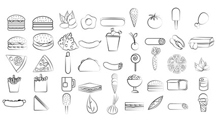 Black and white set of 45 food and snack items icons for restaurant bar cafe: fast food, cheat meat, burger, pizza, hot dog, sandwich, fruits, vegetables. The background. The background