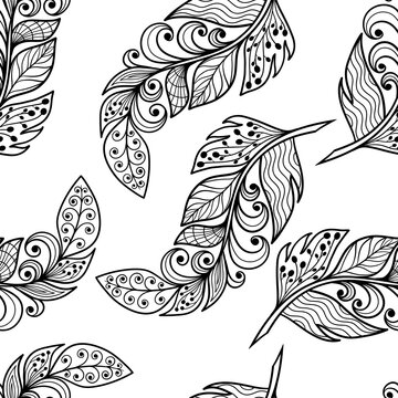Seamless pattern with abstract zenart style feathers, coloring page