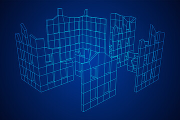 Destroyed building ruin and concrete, war destruction concept. Wireframe low poly mesh vector illustration.