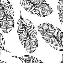 Seamless pattern with abstract zenart style feathers, coloring page