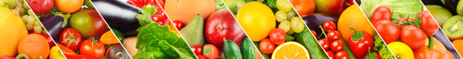 Different useful fruits and vegetables background. Wide photo.