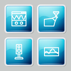 Set line Oscilloscope, Movie spotlight, Stereo speaker and Music wave equalizer icon. Vector