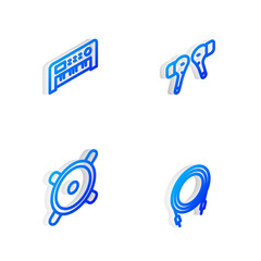 Set Isometric line Air headphones, Music synthesizer, Stereo speaker and Audio jack icon. Vector