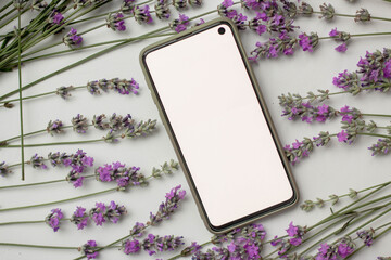 phone mockup with lavender flowers with copy space