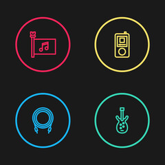Set line Audio jack, Electric bass guitar, Music player and festival flag icon. Vector