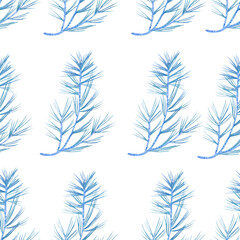 Seamless pattern with branches of pine tree cut out on white  background. Made in the technique of colored pencils. Hand drawn.