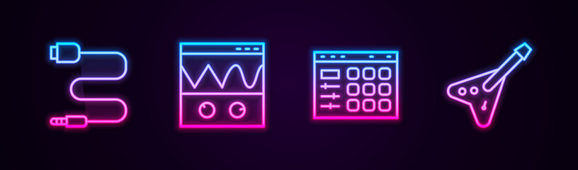 Set line Audio jack, Oscilloscope, Drum machine and Electric bass guitar. Glowing neon icon. Vector