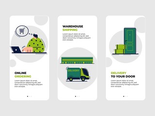Delivery services onboarding screens pack suitable for mobile app, web banners and website. Concept of delivery. Flat style minimalist vector design illustration.
