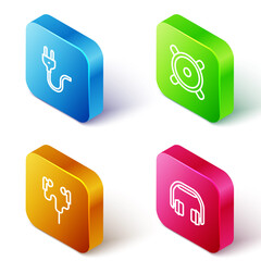 Set Isometric line Electric plug, Stereo speaker, Air headphones and Headphones icon. Vector