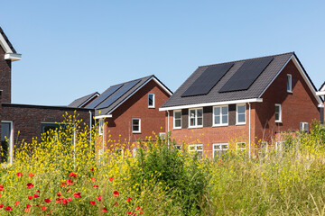 Solar panels on the roof of new built houses in The Netherlands collecting green energy from the...