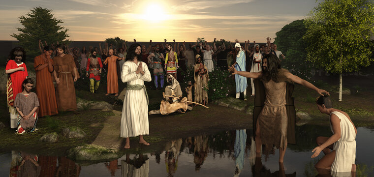 Jesus and John the Baptist. First encounter on the banks of the Jordan River.3d Illustration, 3d Rendering