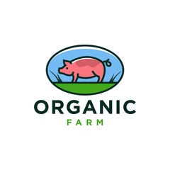 pig logo line, organic farm with grass concept badge logo icon Illustration 