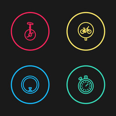 Set line Bicycle wheel, Stopwatch, and Unicycle or one bicycle icon. Vector