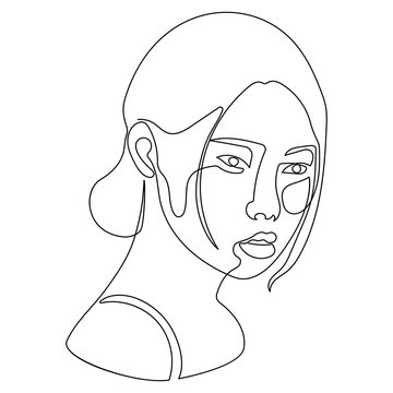 Asian Woman Face Isolated Sketch Portrait Or Avatar, Outline Art Vector. One Line Drawing Or Lineart, Chinese Or Japanese, Korean Girl Profile. Female Character Isolated Icon, Human Features