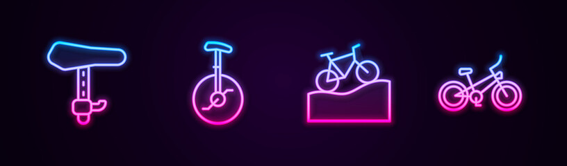 Set line Bicycle seat, Unicycle or one wheel bicycle, Mountain and . Glowing neon icon. Vector