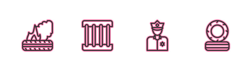 Set line Lying burning tires, Police officer, Prison window and icon. Vector