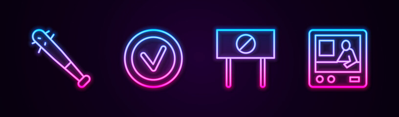 Set line Baseball bat with nails, Check mark in round, Protest and Television report. Glowing neon icon. Vector
