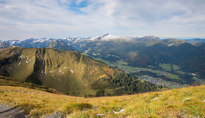 view from hiking trail Fellhorn mountain to Kleinwalsertal valley and allgau alps