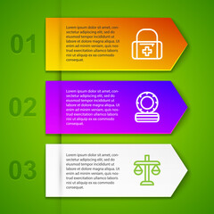 Set line First aid kit, Lying burning tires and Scales of justice. Business infographic template. Vector